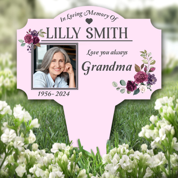 Pink Grandma Floral Photo Remembrance Garden Plaque Grave Marker Memorial Stake