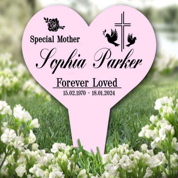 Heart Mother Cross With Doves Pink Remembrance Grave Plaque Memorial Stake