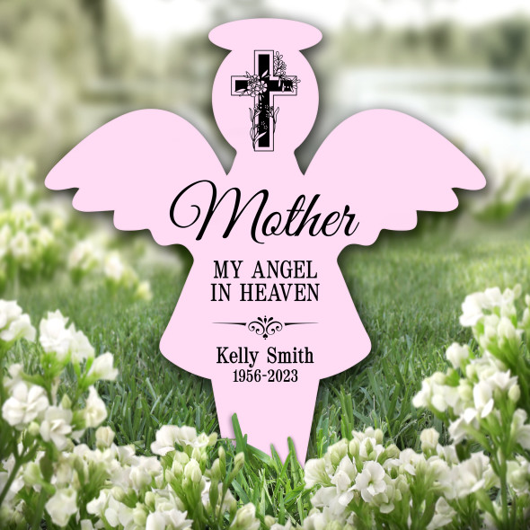 Angel Pink Mother Black Cross Remembrance Garden Plaque Grave Memorial Stake