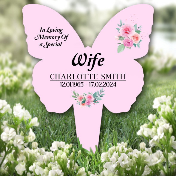 Butterfly Pink Wife Floral Remembrance Garden Plaque Grave Marker Memorial Stake