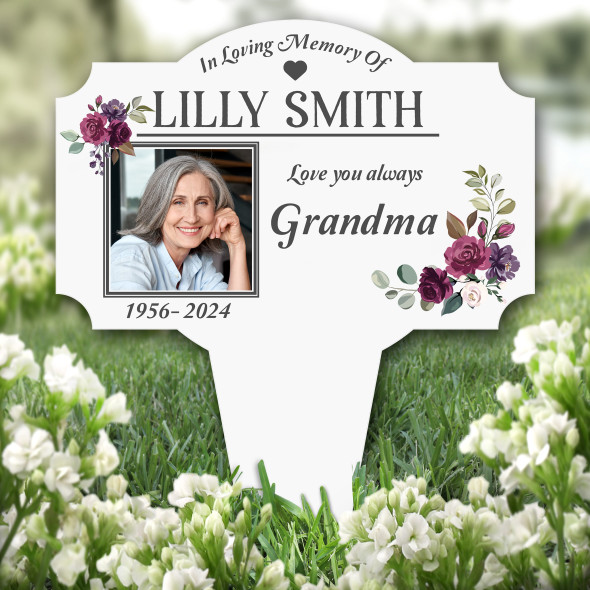 Grandma Floral Photo Remembrance Garden Plaque Grave Marker Memorial Stake