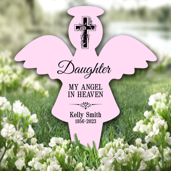 Angel Pink Daughter Black Cross Remembrance Garden Plaque Grave Memorial Stake