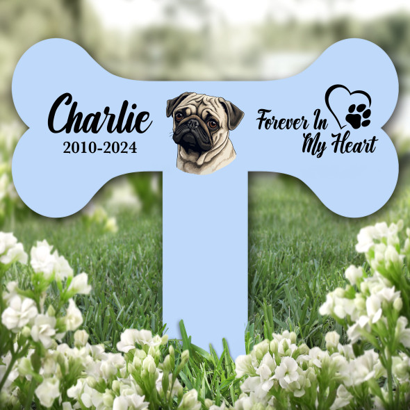 Bone Blue Pug Dog Heart Pet Remembrance Garden Plaque Grave Memorial Stake