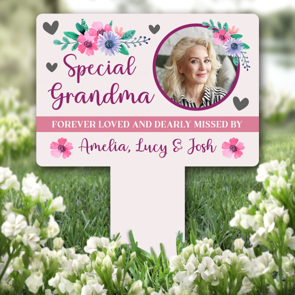 Grandma Pink Flower Photo Remembrance Garden Plaque Grave Marker Memorial Stake