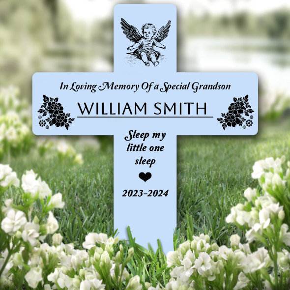 Cross Blue Grandson Baby Angel Black Remembrance Grave Plaque Memorial Stake