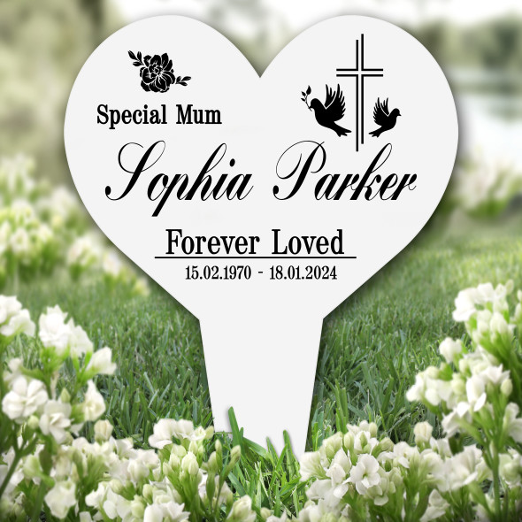 Heart Mum Cross With Doves Remembrance Garden Plaque Grave Marker Memorial Stake