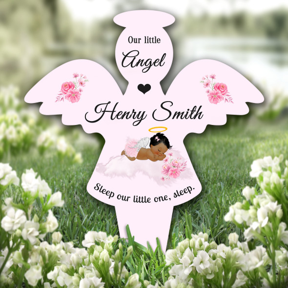 Angel Pink Dark Skin Black Hair Baby Girl  Grave Garden Plaque Memorial Stake