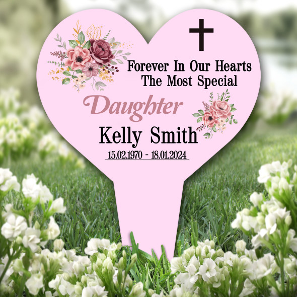 Heart Daughter Floral Pink Remembrance Garden Plaque Grave Marker Memorial Stake