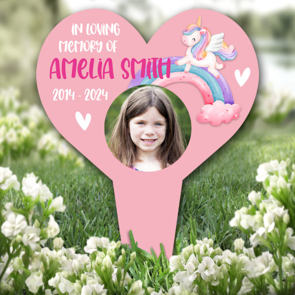 Heart Young Girl Child Unicorn Photo Pink Grave Garden Plaque Memorial Stake