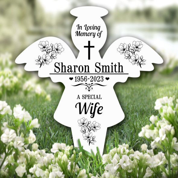 Angel Wife Black Floral Remembrance Garden Plaque Grave Marker Memorial Stake