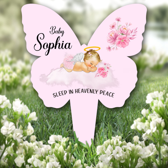Butterfly Pink Blonde Hair Baby Girl Remembrance Plaque Grave Memorial Stake
