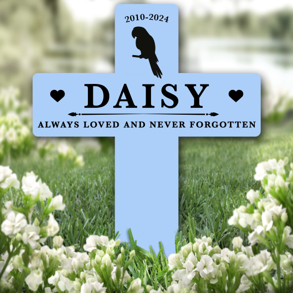 Cross Blue Parrot Silhouettes Pet Remembrance Grave Garden Plaque Memorial Stake