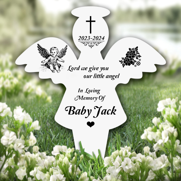 Angel Baby Black Floral Remembrance Garden Plaque Grave Marker Memorial Stake