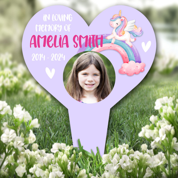 Heart Young Girl Child Unicorn Photo Purple Grave Garden Plaque Memorial Stake