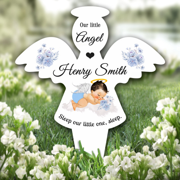 Angel Light Skin Brown Hair Baby Boy Wings Grave Garden Plaque Memorial Stake