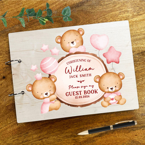 Wood Watercolour Pink Teddy Bears Message Notes Keepsake Christening Guest Book