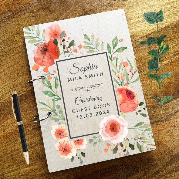 Wood Watercolour Orange Floral Message Notes Keepsake Christening Guest Book