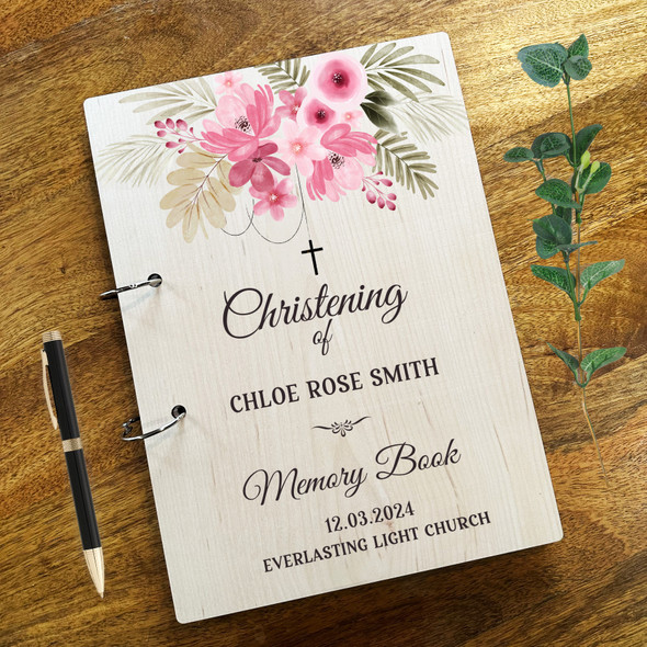 Wood Pink Watercolour Floral Message Notes Keepsake Christening Guest Book