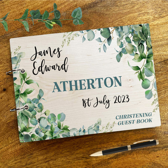 Wood Eucalyptus Leaves Baby Message Notes Keepsake Christening Guest Book