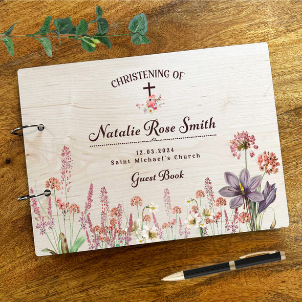 Wood Pretty Meadow Flowers Message Notes Keepsake Christening Guest Book