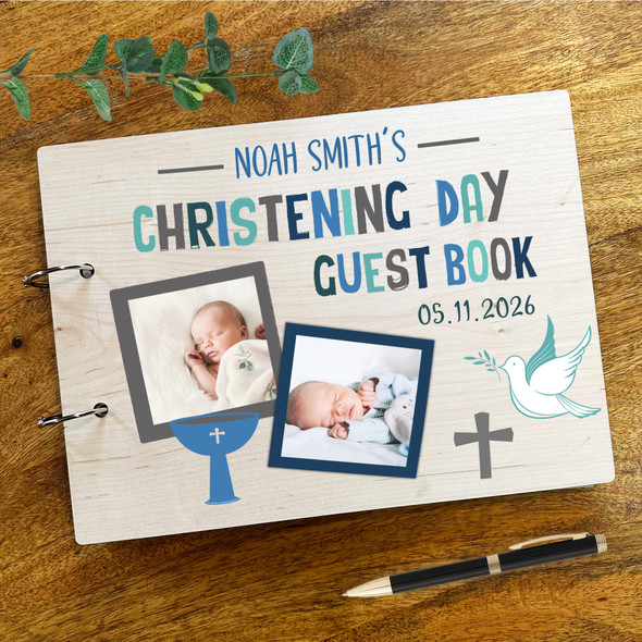 Wood Boy Blue Photo Dove Message Notes Keepsake Christening Guest Book