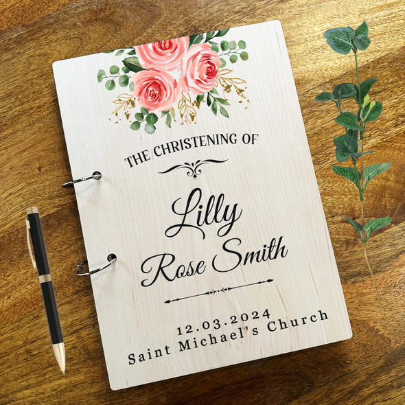 Wood Watercolour Roses Message Notes Keepsake Christening Guest Book