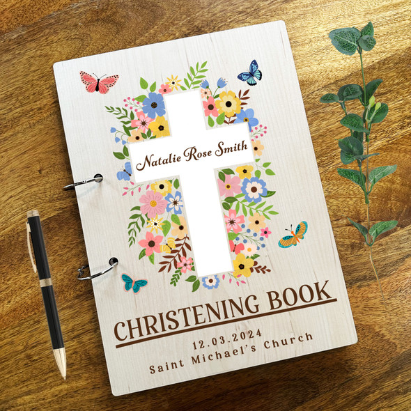 Wood Floral Cross Message Notes Keepsake Christening Guest Book