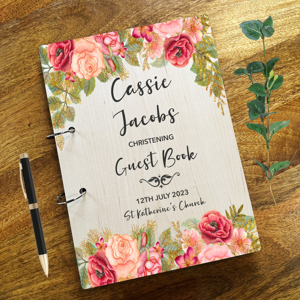 Wood Pink Roses Message Notes Keepsake Christening Guest Book