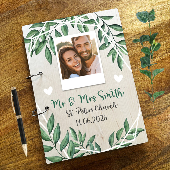 Wood Mr & Mrs Green Leaves Photo Message Notes Keepsake Wedding Guest Book