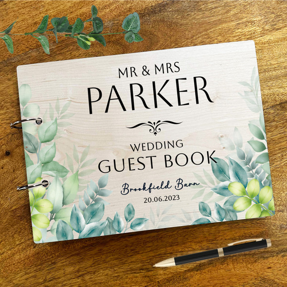 Wood Green Leaves Watercolour Message Notes Keepsake Wedding Guest Book