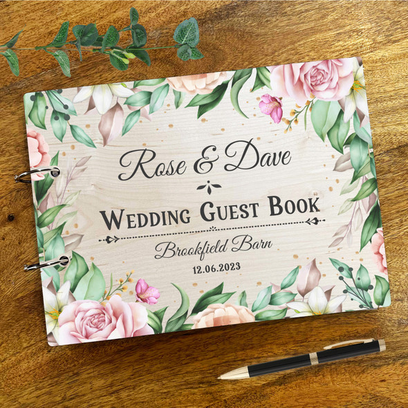 Wood Floral Frame Message Notes Keepsake Wedding Guest Book