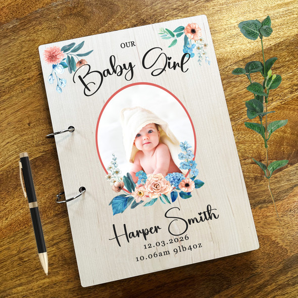 Wood Watercolour Baby Girl Photo Album Memories New Baby Keepsake Book