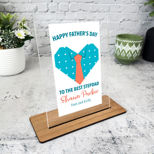 Stepdad Fathers Day Gift Heart Shape Shirt With Tie Personalised Acrylic Plaque