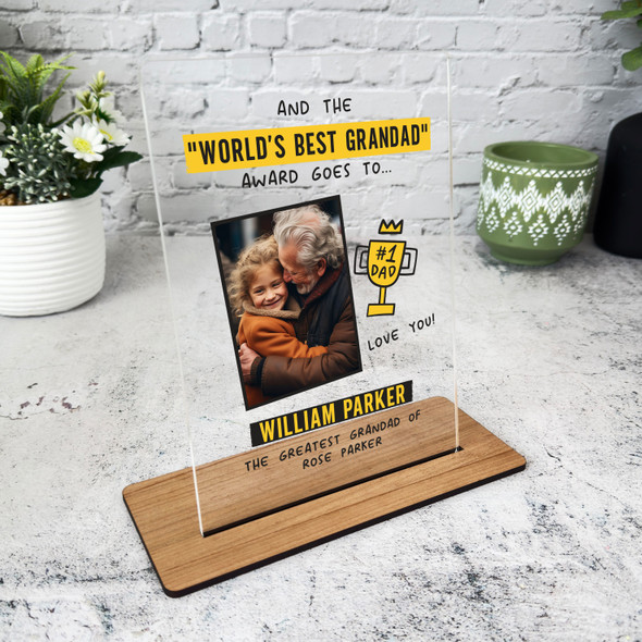 Fathers Day Gift World's Best Grandad Trophy Photo Personalised Acrylic Plaque