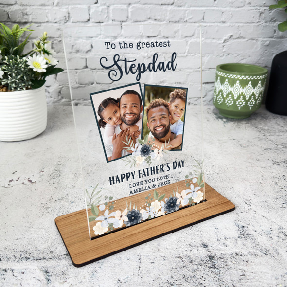 Stepdad Fathers Day Gift Navy White Floral Photo Personalised Acrylic Plaque