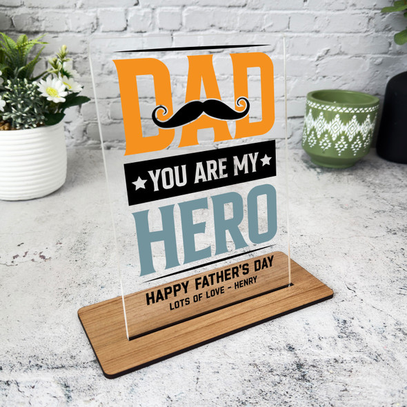 Fathers Day Gift Mustache Hero Dad Personalised Acrylic Plaque