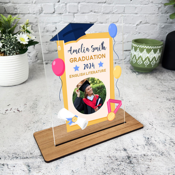 Graduation Day Gift Yellow Icons Photo Personalised Acrylic Plaque