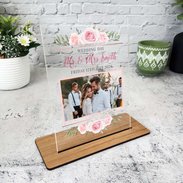 Wedding Day Gift Pink Flowers Photo Personalised Acrylic Plaque