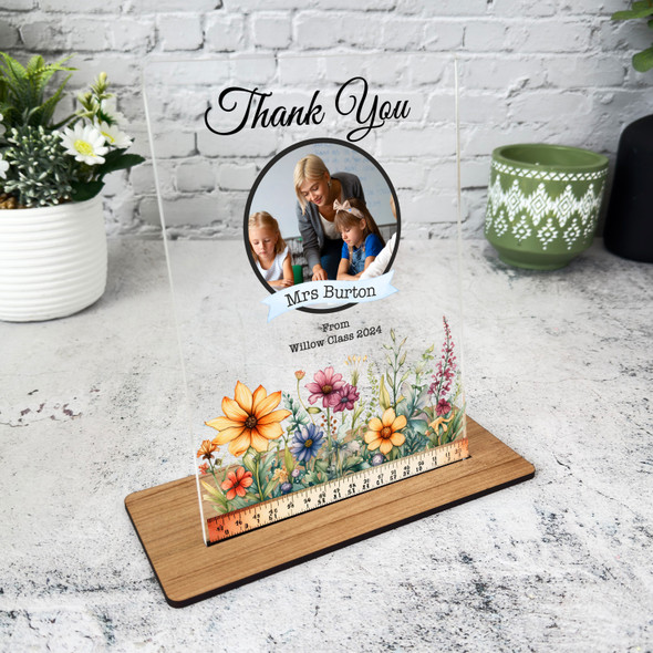 Thank You Teacher Gift Floral School Ruler Photo Personalised Acrylic Plaque