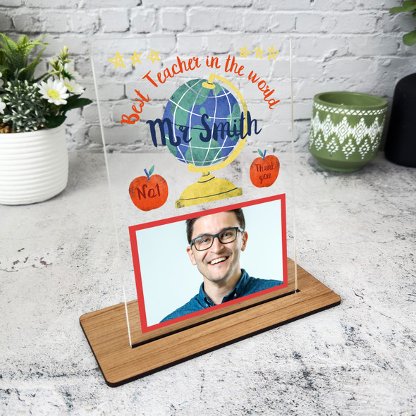 Best Teacher In The World Gift Globe Photo Personalised Acrylic Plaque