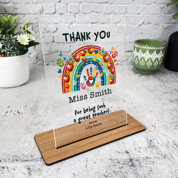 Thank You Teacher Gift Rainbow Hand Prints Personalised Acrylic Plaque