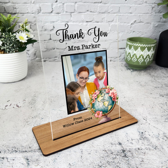 Thank You Teacher Gift Floral Globe Photo Personalised Acrylic Plaque