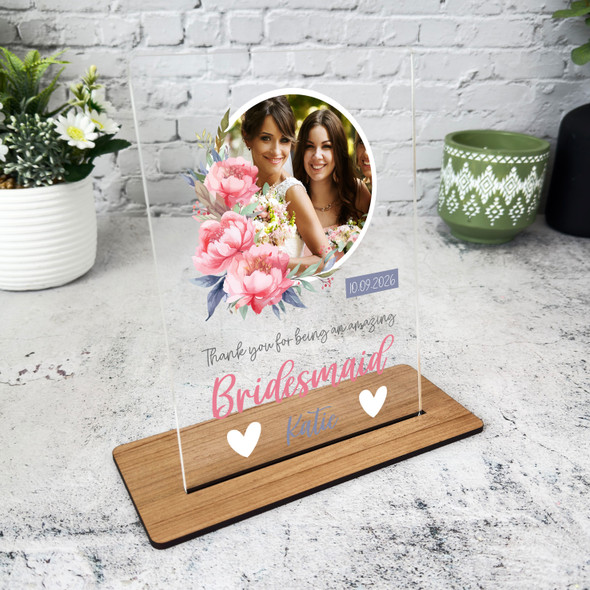 Thank You Bridesmaid Gift Wedding Pink Flower Photo Personalised Acrylic Plaque