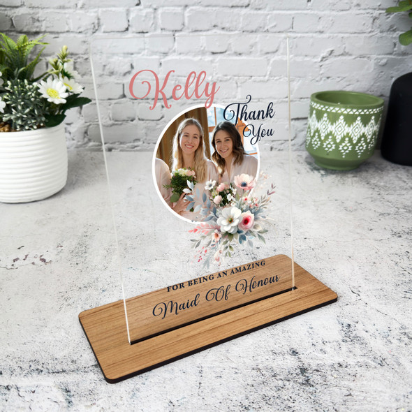 Floral Maid Of Honour Gift Round Photo Personalised Acrylic Plaque