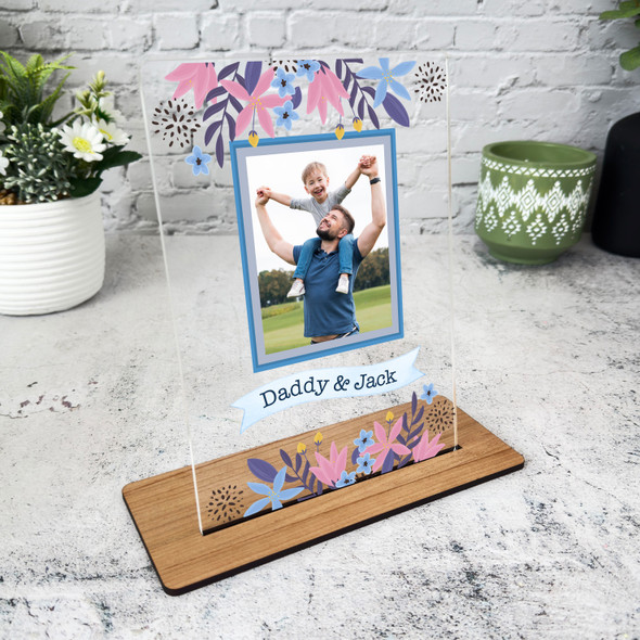 Gift For Dad Floral Blue Frame Photo Personalised Acrylic Plaque