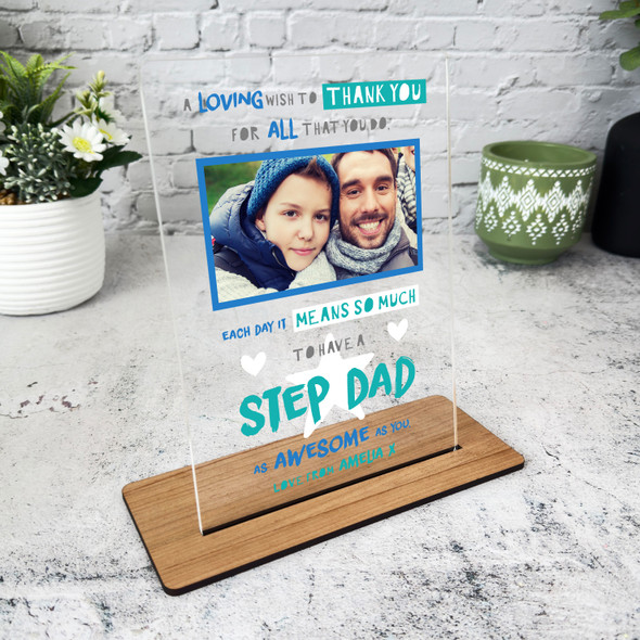 Gift For Step Dad Poem Blue Photo Personalised Acrylic Plaque