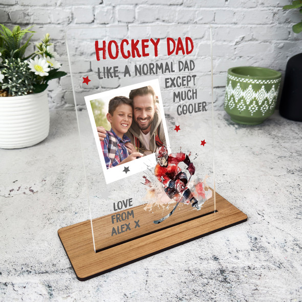 Hockey Gift For Dad Red Photo Personalised Acrylic Plaque