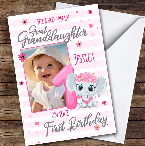 Great Granddaughter 1st Pink Floral Elephant Photo Personalised Birthday Card