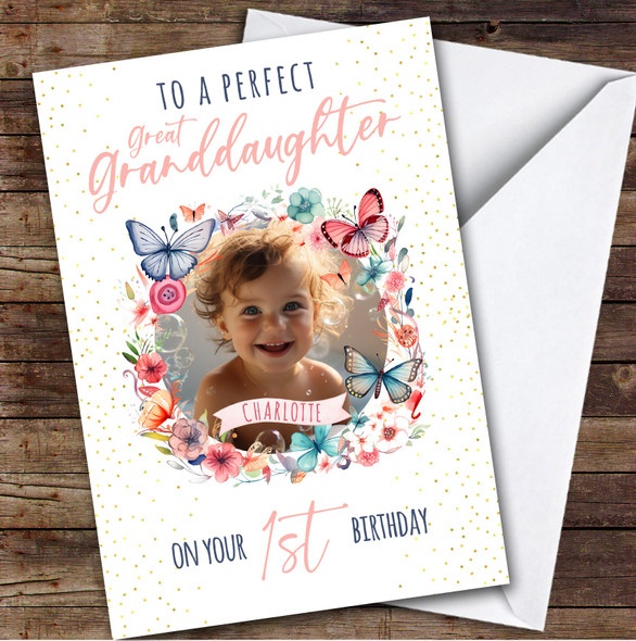 Great Granddaughter 1st Butterflies Wreath Photo Personalised Birthday Card