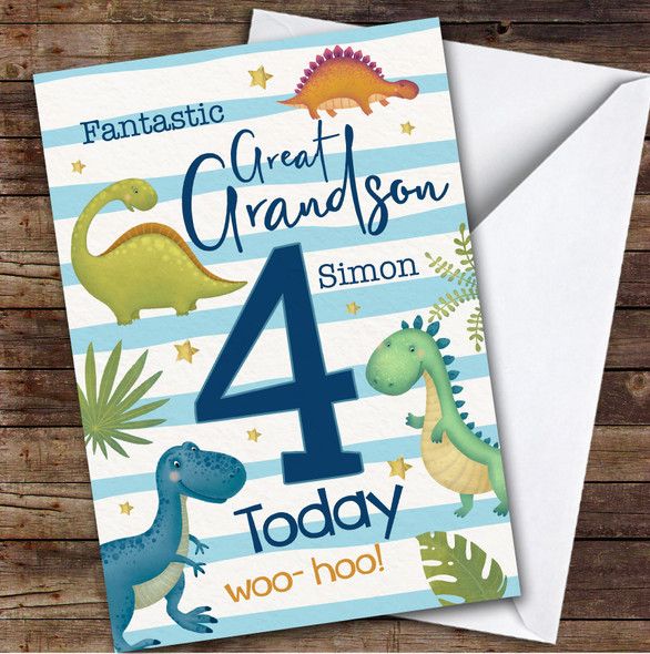 Great Grandson 4th Watercolour Dinosaurs Boys Custom Personalised Birthday Card